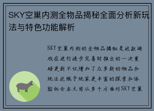 SKY空巢内测全物品揭秘全面分析新玩法与特色功能解析